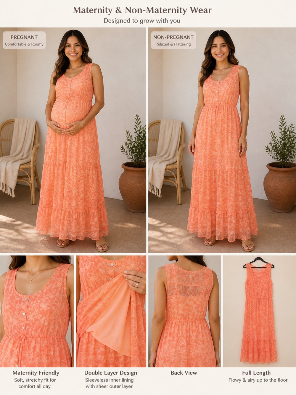 Sleeveless Coral Orange Maternity & Non-Maternity Maxi Dress